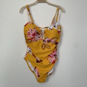 Kona Sol One‎ Piece Floral Plunge Ruched Swimsuit Size Large Beach Tropical